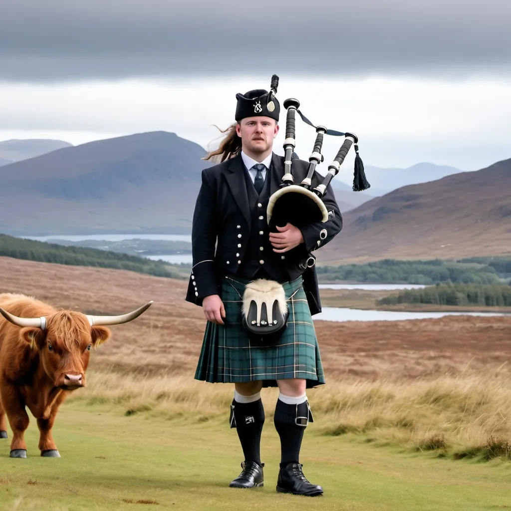 Prompt: A cartoonish Scottish Bagpiper is facing front with the Scottish highlands in the background, including a long-haired Scottish cow in the distance.  There is a hole where the bagpipers face would be, to be used as a cutout for someone to put their face in for a photo.