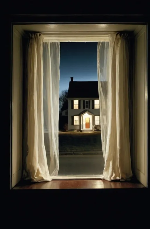 Prompt: pov through window with flowing curtain street with house outside nighttime andrew wyeth style

