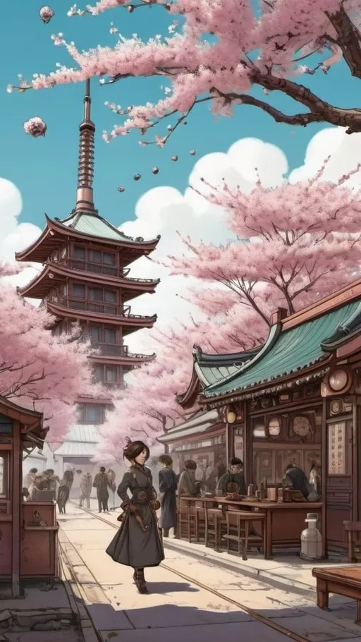 Prompt: A japanese steampunk setting set in 1950 in moebius aesthetic with lots of detail on foreground and background.
Cherry blossom flowers BLOWING in the wind