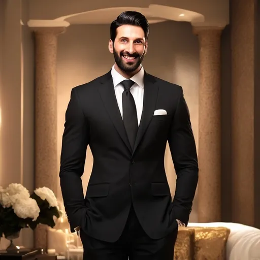 Prompt: (enhanced description of a man), (6 feet tall, muscular build), (29 years old), (most beautiful smile), (big eyes), (wearing a sleek black suit), elegant posture, confident demeanor, soft lighting, sophisticated atmosphere, warm colors, charming expression, high detail, ultra-realistic quality, stunning background that enhances the formal setting ambience. pakistani chubby