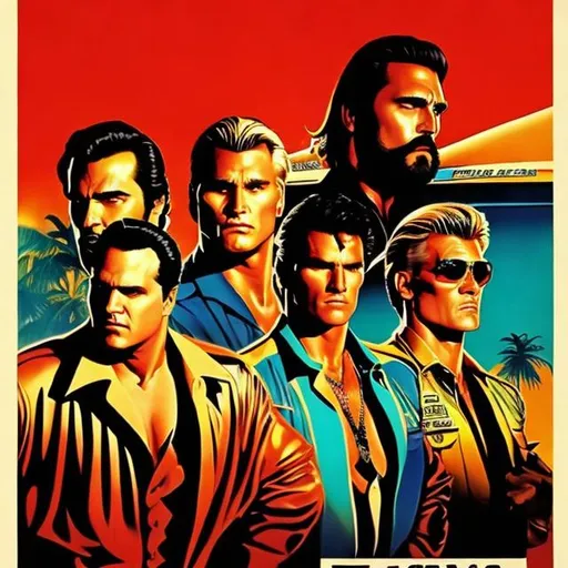 Prompt: heavily stylized 1980s action movie poster,  Jason Alexander and Dolph Lundgren  and a man with a beard, in the style of Robert McGinnis,  in Miami, epic, Hawaiian shirt