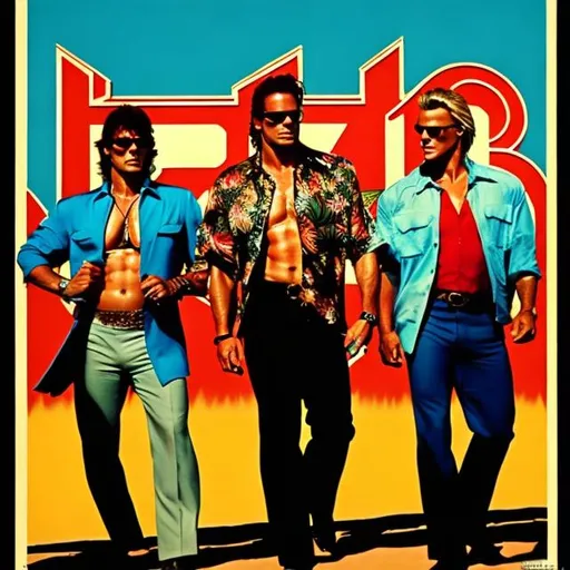 Prompt: heavily stylized 1980s action movie poster,  Jason Alexander and Dolph Lundgren  and a man with a beard, in the style of Robert McGinnis,  in Miami, epic, Hawaiian shirt