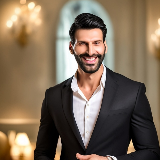 Prompt: (enhanced description of a man), (6 feet tall, muscular build), (29 years old), (most beautiful smile), (big eyes), (wearing a sleek black suit), elegant posture, confident demeanor, soft lighting, sophisticated atmosphere, warm colors, charming expression, high detail, ultra-realistic quality, stunning background that enhances the formal setting ambience. pakistani chubby