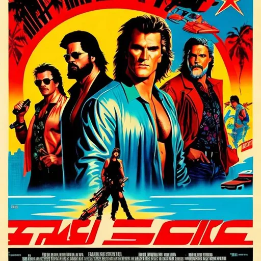 Prompt: heavily stylized 1980s action movie poster,  Jason Alexander and Dolph Lundgren  and a man with a beard, in the style of Robert McGinnis,  in Miami, epic, Hawaiian shirt