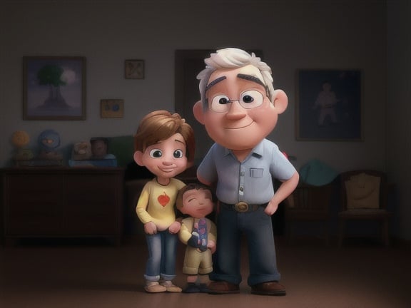 Prompt: Create a heartwarming Pixar-style cartoon image featuring a loving family of four: a father, mother, son, and a baby boy in the mother's hands. Infuse the scene with vibrant colors and the iconic Pixar charm. The father should be depicted with a touch of black color, while the mother, son, and baby boy remain predominantly white. Ensure high-quality detailing and expressions that convey the warmth and joy of familial bonds.