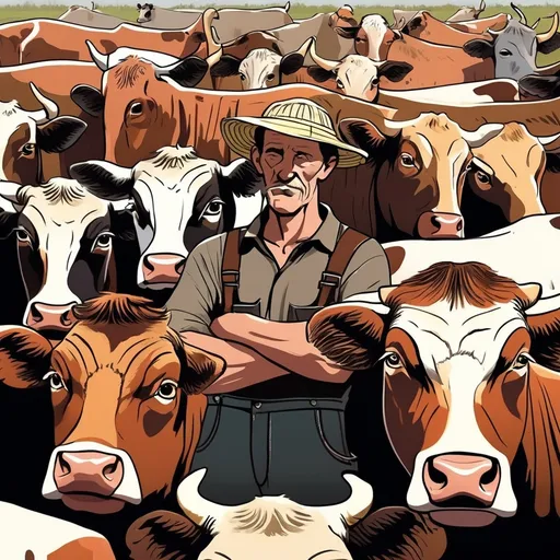 Prompt: I want to create a character of a farmer who looks very confused. He is supposed to choose between hundreds of feed supplements for his cows, and he has no idea what to choose