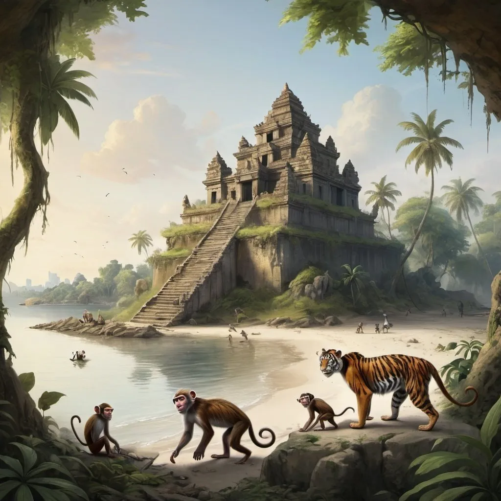 Prompt: a island with no boats monkeys on the island and a ruin of a temple and elaphants bieng chased by tigers
