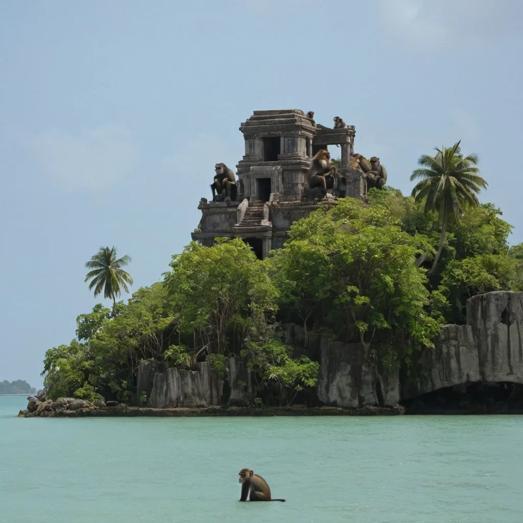 Prompt: a island with no boats monkeys on the island and a ruin of a temple
