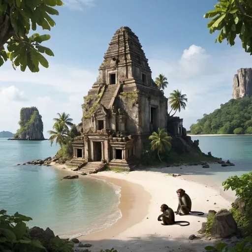 Prompt: a island with no boats monkeys on the island and a ruin of a temple
