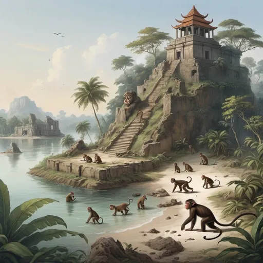 Prompt: a island with no boats monkeys on the island and a ruin of a temple and elaphants bieng chased by tigers
