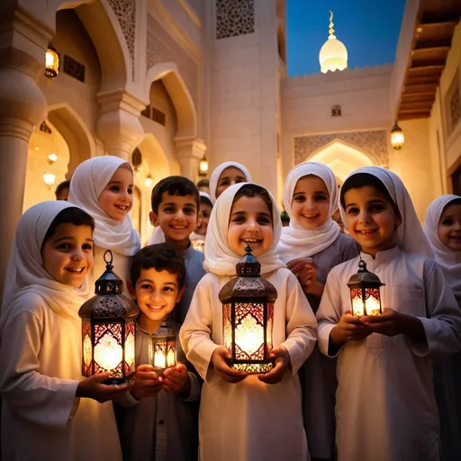Prompt:  In this heartwarming scene, Arab children joyfully hold and celebrate the tradition of fanous during the holy month of Ramadan. The fanous, a colorful and intricately designed lantern, holds deep cultural and religious significance as a symbol of light, hope, and community during this special time. The children's faces glow with excitement and happiness as they carry the fanous, creating a beautiful and enchanting sight that captures the essence of Ramadan's spirit and traditions.