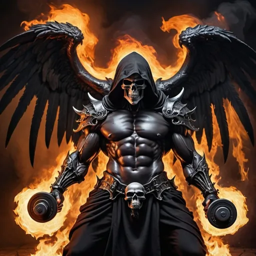 Prompt: Grim reaper black angel with armor doing a concentrated curl with a dumbbell while pooping in hell and the backround has fire and it's very intense