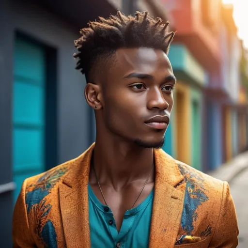 Prompt: Young attractive African-Caribbean male model, 8K, high-res, detailed features, realistic portrait, professional photography, vibrant colors, captivating gaze, stylish fashion, urban setting, natural lighting