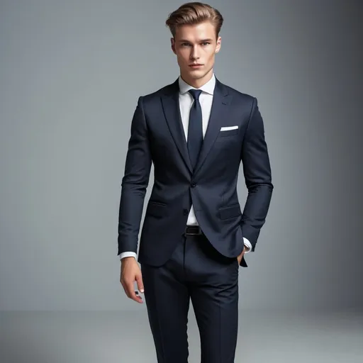 Prompt: Young elegant European-Scandinavian male model, 8K, sophisticated attire, confident posture, clean-cut features, professional lighting, high-quality, realistic, European fashion, elegant, suave, tailored suit, polished shoes, charismatic gaze, classic style, professional photography, refined, modern backdrop, stylish, sophisticated look