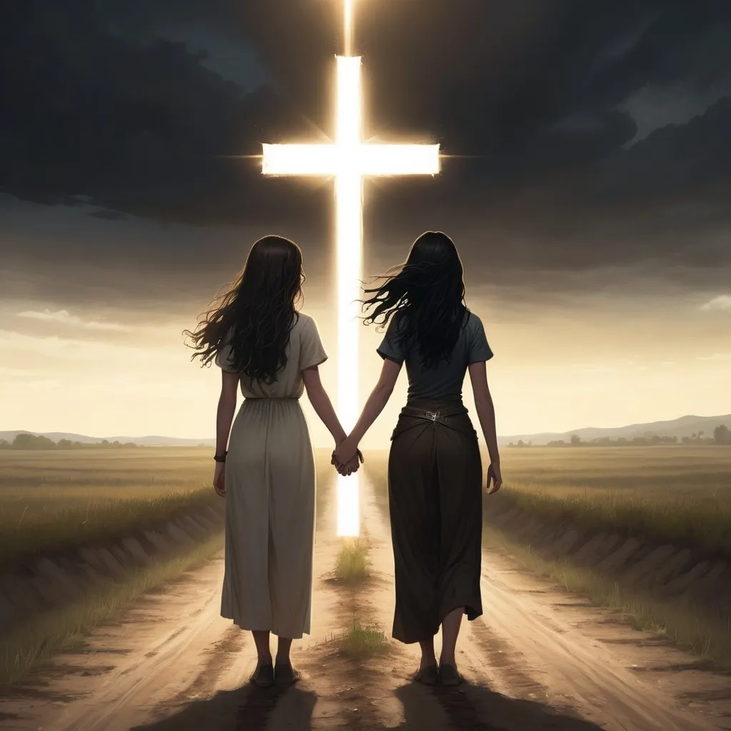 Prompt: A beautifully detailed high-quality image of two young women holding hands and facing away from the viewer at a single radiantly glowing Christian cross at the end of a dirt road running down the middle of a battlefield. One of the women is taller with long curly dark brown hair and the other woman has straight mid-length black hair. The feeling is strong and courageous. 