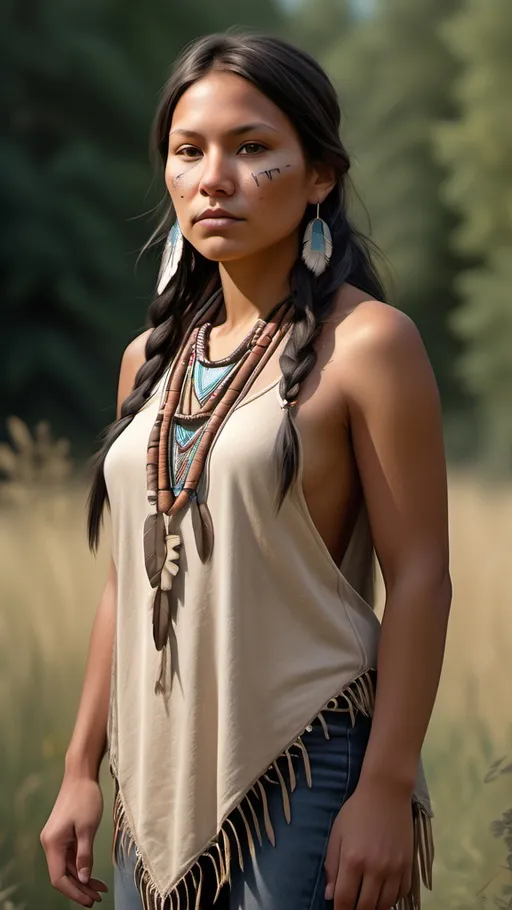 Prompt: photorealistic, full body portrait of (petite Au naturel Native American woman), posing outdoors.