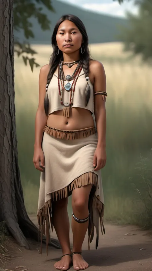 Prompt: photorealistic, full body portrait of (petite Au naturel Native American woman), posing outdoors.