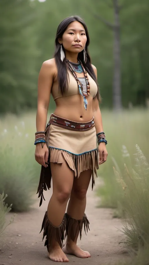 Prompt: full body photo of petite Au naturel native American woman posing outdoors.