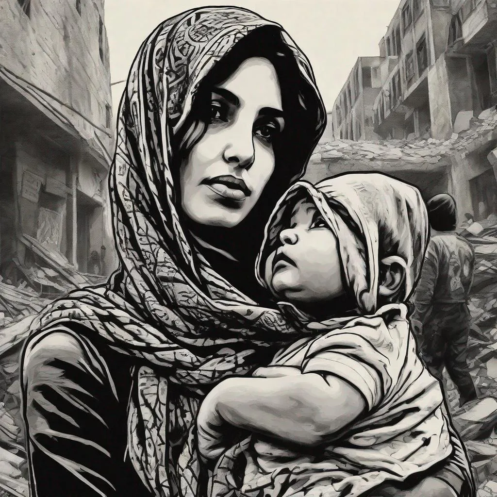 Prompt: A drawing of (a young mother), Arab, wearing Palestinian Keffiyeh, holding dead child, looking upwards , standing  among the rubbles, by SHEPARD FAIREY, BANKSY, centered,  16k, HQ, UHD, poster, black and white, detailed