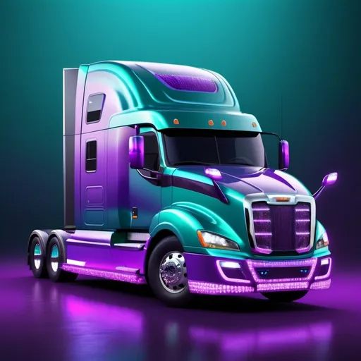 Prompt: 3D rendering of a semi-truck, teal to purple ombre color, adorned with LED lights, high detail, realistic, semi-truck design, ombre color, LED lights, 3D rendering, high quality, realistic lighting