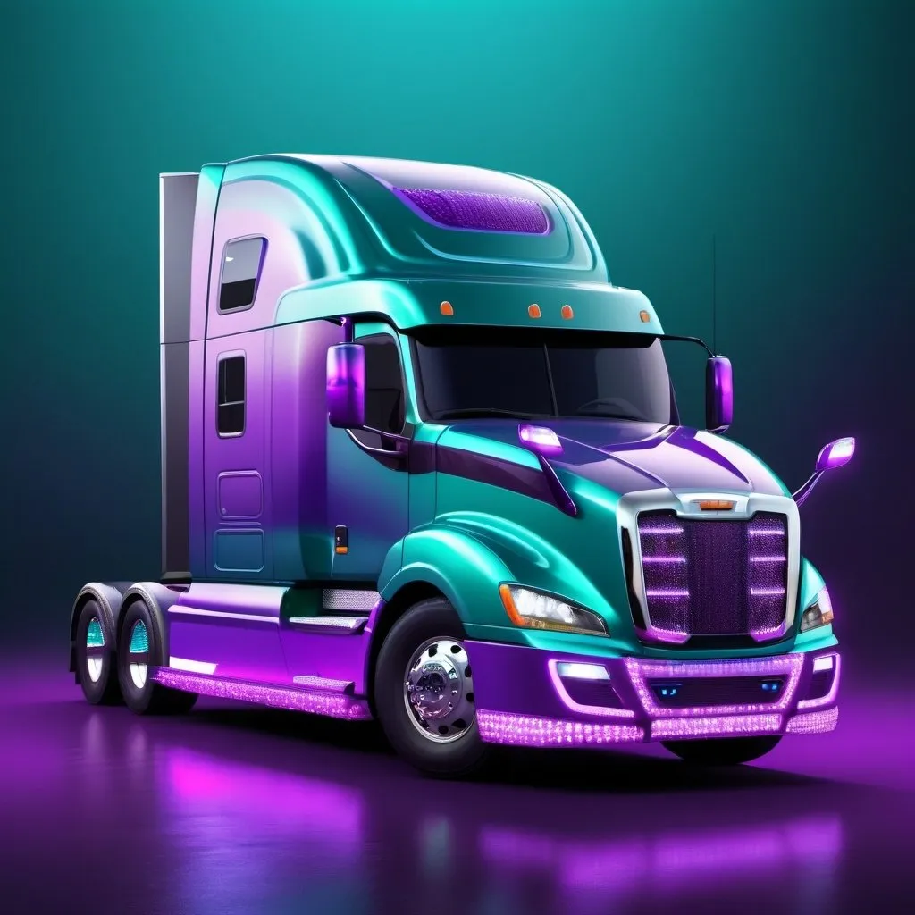 Prompt: 3D rendering of a semi-truck, teal to purple ombre color, adorned with LED lights, high detail, realistic, semi-truck design, ombre color, LED lights, 3D rendering, high quality, realistic lighting