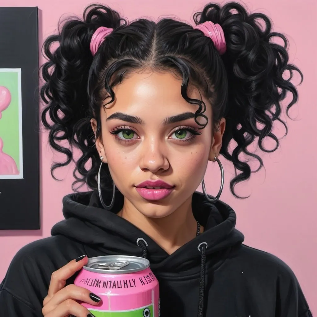 Prompt: create a photorealistic glossy oil painting of a light skin Latina female with black long curly hair with pink highlights, up in a messy bun with bangs, big light  green eyes with black liner, black lipstick, wearing a black oversized hoodie with a black tank top underneath, black ripped denim black jeans black choker necklace, long black nails, holding a pink monster can, background is bookshelves