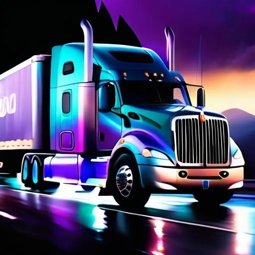 Prompt: 3D rendering, airbrushed, photo-realistic, cinematic lighting, of a semi-truck, teal to purple ombre color, adorned with LED lights, high detail, realistic, semi-truck design, ombre color, LED lights, 3D rendering, high quality, realistic lighting, a night scene on a highway with mountains behind it and a splash of ink drops 