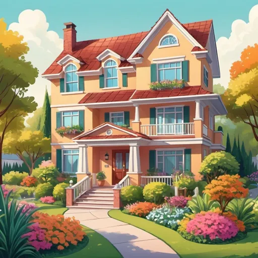 Prompt: Outdoor cartoonish illustration of a beautiful home, wide-angle view, happy female real estate agent, vibrant and colorful garden, picturesque front POV, detailed architectural design, professional cartoon style, warm and inviting color palette, lush garden setting, best quality, high-res, detailed illustration, cartoon style, colorful, inviting atmosphere, professional, natural lighting