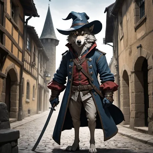 Prompt: Generate a comic-style image of a thin, hungry-looking wolf dressed as a musketeer. The wolf has a sullen expression and is wearing a wide-brimmed musketeer hat. The wolf stands in a dynamic pose, showing off its lean, almost gaunt figure. The background is a medieval street scene with cobblestone streets and old buildings. Soft, moody lighting casts shadows, emphasizing the wolf's gauntness. Created using sharp, bold comic-style lines, vivid colors, exaggerated features, and dynamic poses, hd quality, natural look. , size 1024x1792