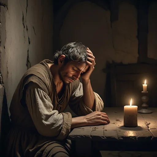 Prompt: Rodrigo sitting alone in a dark room, 15th century, tattered peasant clothing, head in hands, small candle flickering on a table, dimly lit room with cracked walls, medium shot showing his emotional distress, hyper-realistic, photo-realistic cinematography --ar 9:16