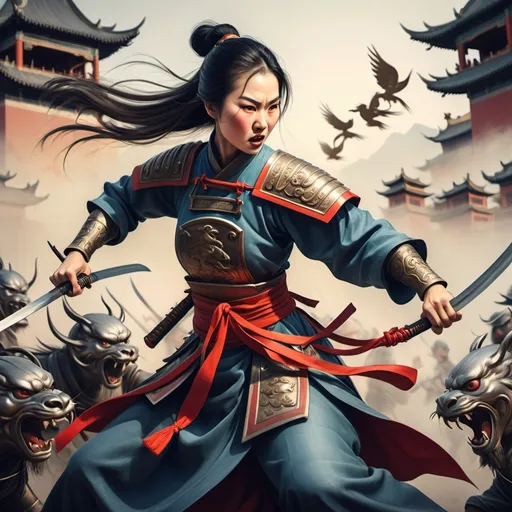 Prompt: Chinese woman warrior fighting with enemies, medieval chinese art style