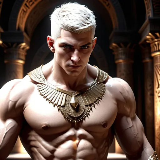 Prompt: {{{{original character, highest hyper quality full body splash art masterpiece, hyperrealistic, hyperrealism, {{young white male character, King of Vampire gods}}, {{Ancient Egypt Background}} intricately hyperdetailed, hyperrealistic intricate details, muscular muscle definition male body,, perfect face, perfect body, perfect anatomy, perfect composition, approaching perfection, short white hair, Detailed and Intricate, short hair,  Detailed Render, 3D Render, Unreal Engine, by , Concept Art}}}}