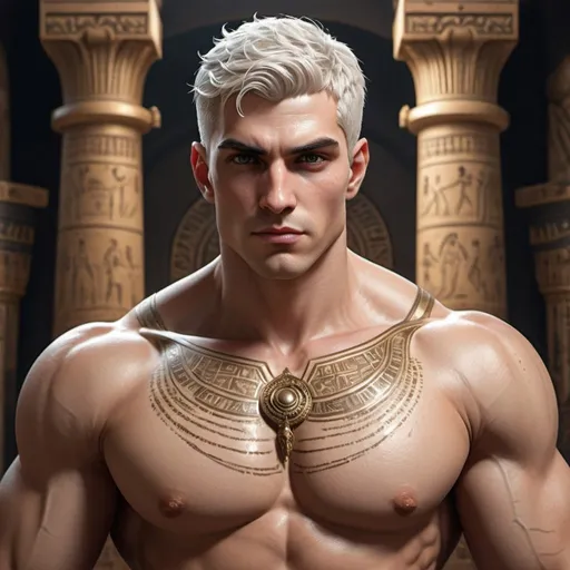 Prompt: {{{{original character, highest hyper quality full body splash art masterpiece, hyperrealistic, hyperrealism, {{young white male character, King of Vampire gods}}, {{Ancient Egypt Background}} intricately hyperdetailed, hyperrealistic intricate details, muscular muscle definition male body,, perfect face, perfect body, thick hairy armpits, perfect anatomy, perfect composition, approaching perfection, short white hair, Detailed and Intricate, short hair,  Detailed Render, 3D Render, Unreal Engine, by , Concept Art}}}}