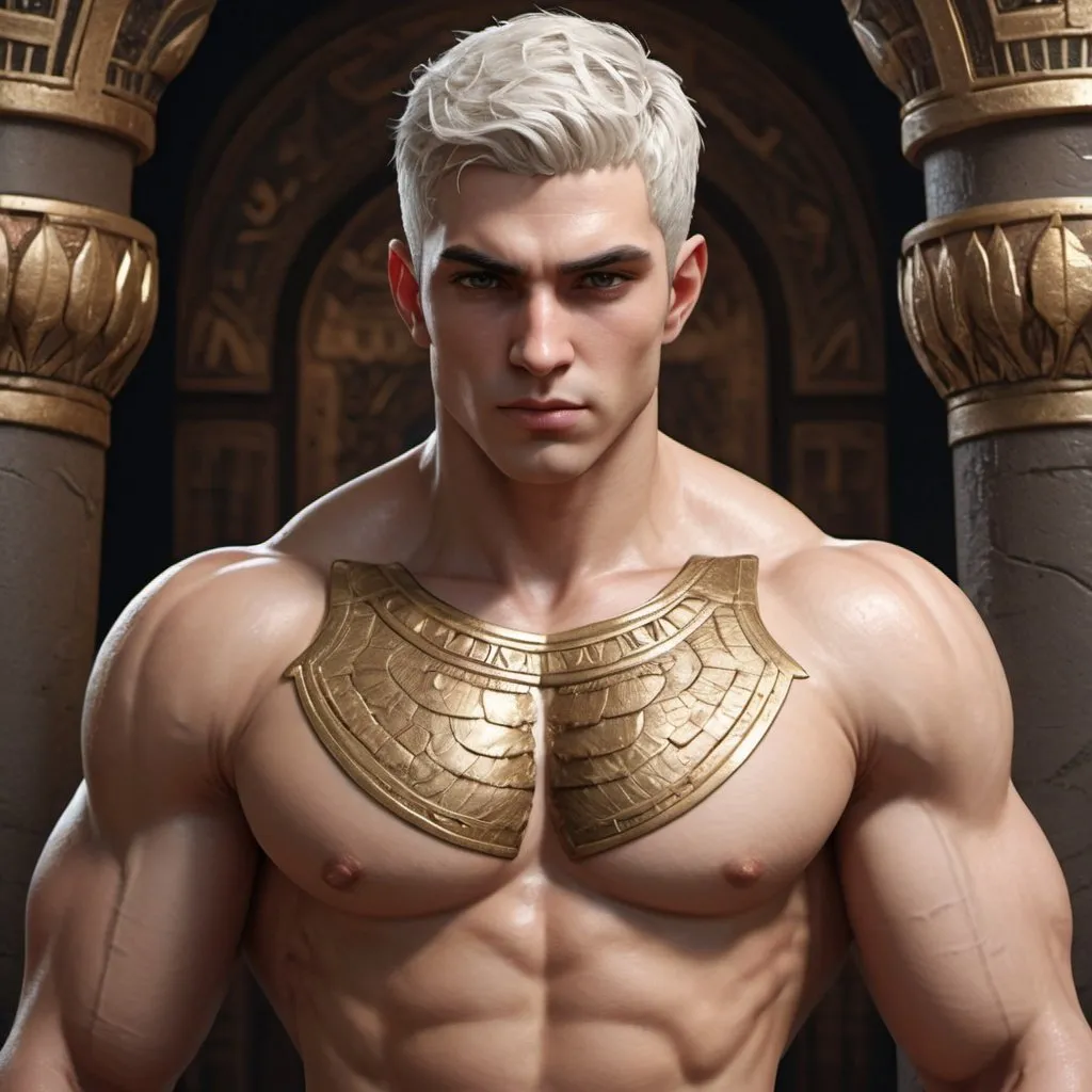 Prompt: {{{{original character, highest hyper quality full body splash art masterpiece, hyperrealistic, hyperrealism, {{young white male character, King of Vampire gods}}, {{Ancient Egypt Background}} intricately hyperdetailed, hyperrealistic intricate details, muscular muscle definition male body,, perfect face, perfect body, thick hairy armpits, perfect anatomy, perfect composition, approaching perfection, short white hair, Detailed and Intricate, short hair,  Detailed Render, 3D Render, Unreal Engine, by , Concept Art}}}}