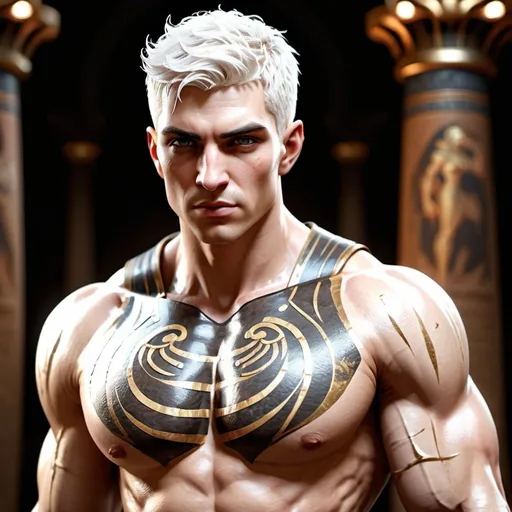 Prompt: {{{{original character, highest hyper quality full body splash art masterpiece, hyperrealistic, hyperrealism, {{young white male character, King of Vampire gods}}, {{Ancient Egypt Background}} intricately hyperdetailed, hyperrealistic intricate details, muscular muscle definition male body,, perfect face, perfect body, perfect anatomy, perfect composition, approaching perfection, short white hair, Detailed and Intricate, short hair,  Detailed Render, 3D Render, Unreal Engine, by , Concept Art}}}}