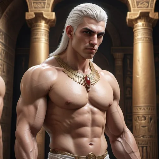 Prompt: {{{{highest hyper quality full body splash art masterpiece, hyperrealistic, hyperrealism, {{young white male character, King of Vampire gods}}, {{Ancient Egypt Background}} intricately hyperdetailed, hyperrealistic intricate details, muscular muscle definition male body,, perfect face, perfect body, thick hairy armpits, perfect anatomy, perfect composition, approaching perfection, white hair, Detailed and Intricate, short hair,  Detailed Render, 3D Render, Unreal Engine, by , Concept Art}}}}