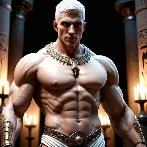 Prompt: {{{{original character, highest hyper quality full body splash art masterpiece, hyperrealistic, hyperrealism, {{young white male character, King of Vampire gods}}, {{Ancient Egypt Background}} intricately hyperdetailed, hyperrealistic intricate details, muscular muscle definition male body,, perfect face, perfect body, perfect anatomy, perfect composition, approaching perfection, short white hair, Detailed and Intricate, short hair,  Detailed Render, 3D Render, Unreal Engine, by , Concept Art}}}}