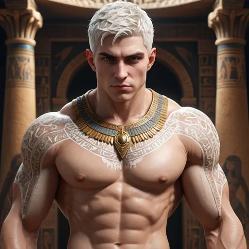 Prompt: {{{{original character, highest hyper quality full body splash art masterpiece, hyperrealistic, hyperrealism, {{young white male character, King of Vampire gods}}, {{Ancient Egypt Background}} intricately hyperdetailed, hyperrealistic intricate details, muscular muscle definition male body,, perfect face, perfect body, thick hairy armpits, perfect anatomy, perfect composition, approaching perfection, short white hair, Detailed and Intricate, short hair,  Detailed Render, 3D Render, Unreal Engine, by , Concept Art}}}}