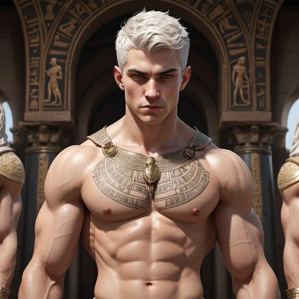 Prompt: {{{{original character, highest hyper quality full body splash art masterpiece, hyperrealistic, hyperrealism, {{young white male character, King of Vampire gods}}, {{Ancient Egypt Background}} intricately hyperdetailed, hyperrealistic intricate details, muscular muscle definition male body,, perfect face, perfect body, thick hairy armpits, perfect anatomy, perfect composition, approaching perfection, short white hair, Detailed and Intricate, short hair,  Detailed Render, 3D Render, Unreal Engine, by , Concept Art}}}}