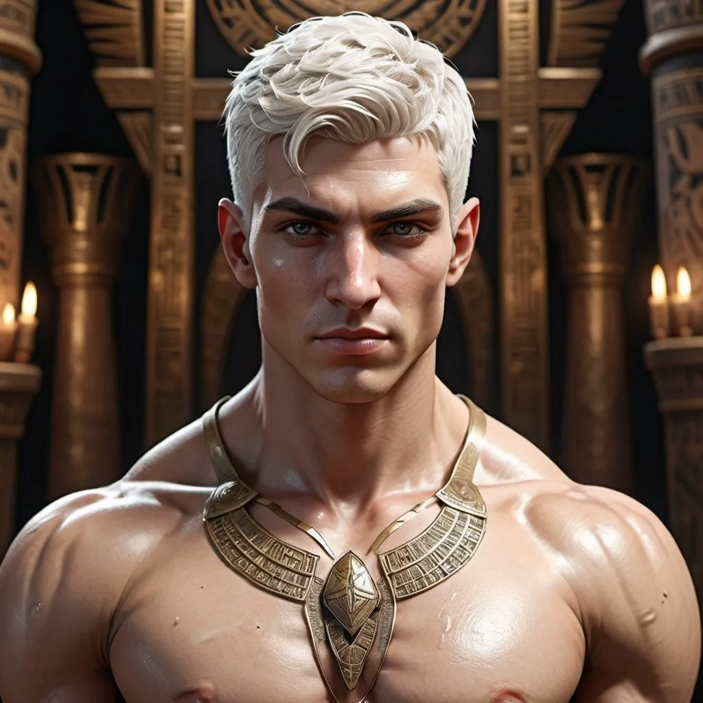 Prompt: {{{{original character, highest hyper quality full body splash art masterpiece, hyperrealistic, hyperrealism, {{young white male character, King of Vampire gods}}, {{Ancient Egypt Background}} intricately hyperdetailed, hyperrealistic intricate details, muscular muscle definition male body,, perfect face, perfect body, perfect anatomy, perfect composition, approaching perfection, short white hair, Detailed and Intricate, short hair,  Detailed Render, 3D Render, Unreal Engine, by , Concept Art}}}}