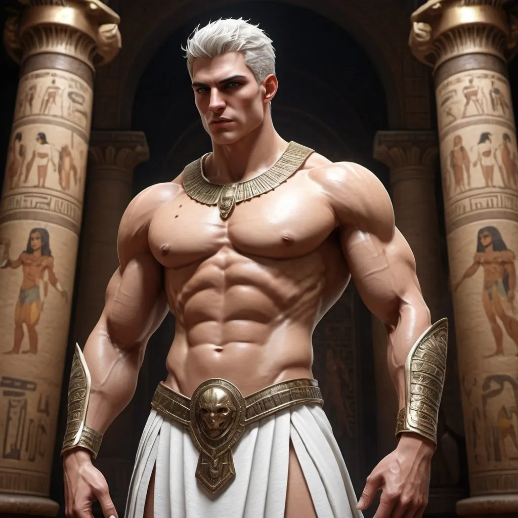 Prompt: {{{{original character, highest hyper quality full body splash art masterpiece, hyperrealistic, hyperrealism, {{young white male character, King of Vampire gods}}, {{Ancient Egypt Background}} intricately hyperdetailed, hyperrealistic intricate details, muscular muscle definition male body,, perfect face, perfect body, thick hairy armpits, perfect anatomy, perfect composition, approaching perfection, short white hair, Detailed and Intricate, short hair,  Detailed Render, 3D Render, Unreal Engine, by , Concept Art}}}}