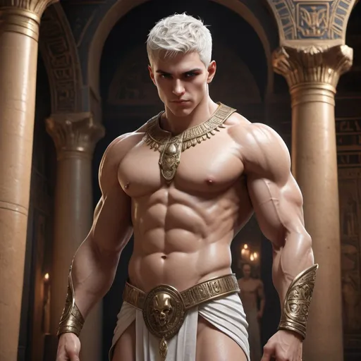 Prompt: {{{{original character, highest hyper quality full body splash art masterpiece, hyperrealistic, hyperrealism, {{young white male character, King of Vampire gods}}, {{Ancient Egypt Background}} intricately hyperdetailed, hyperrealistic intricate details, muscular muscle definition male body,, perfect face, perfect body, thick hairy armpits, perfect anatomy, perfect composition, approaching perfection, short white hair, Detailed and Intricate, short hair,  Detailed Render, 3D Render, Unreal Engine, by , Concept Art}}}}