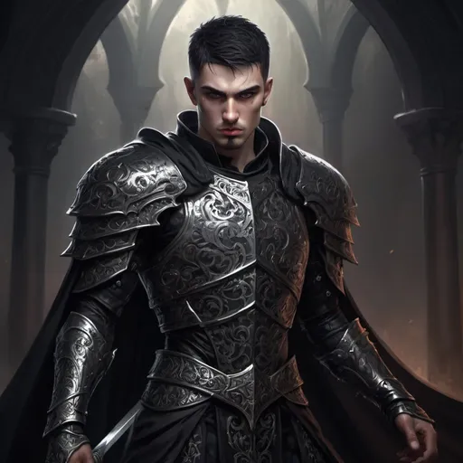 Prompt: misc short hair male Fantasy warrior in gothic style, digital painting, detailed Armor with intricate designs, flowing cape, dynamic pose, high quality, realistic style, dramatic lighting, intense expression, misc.-gothic, detailed character, intimidating presence, dark and moody atmosphere, powerful stance, professional quality, dynamic composition