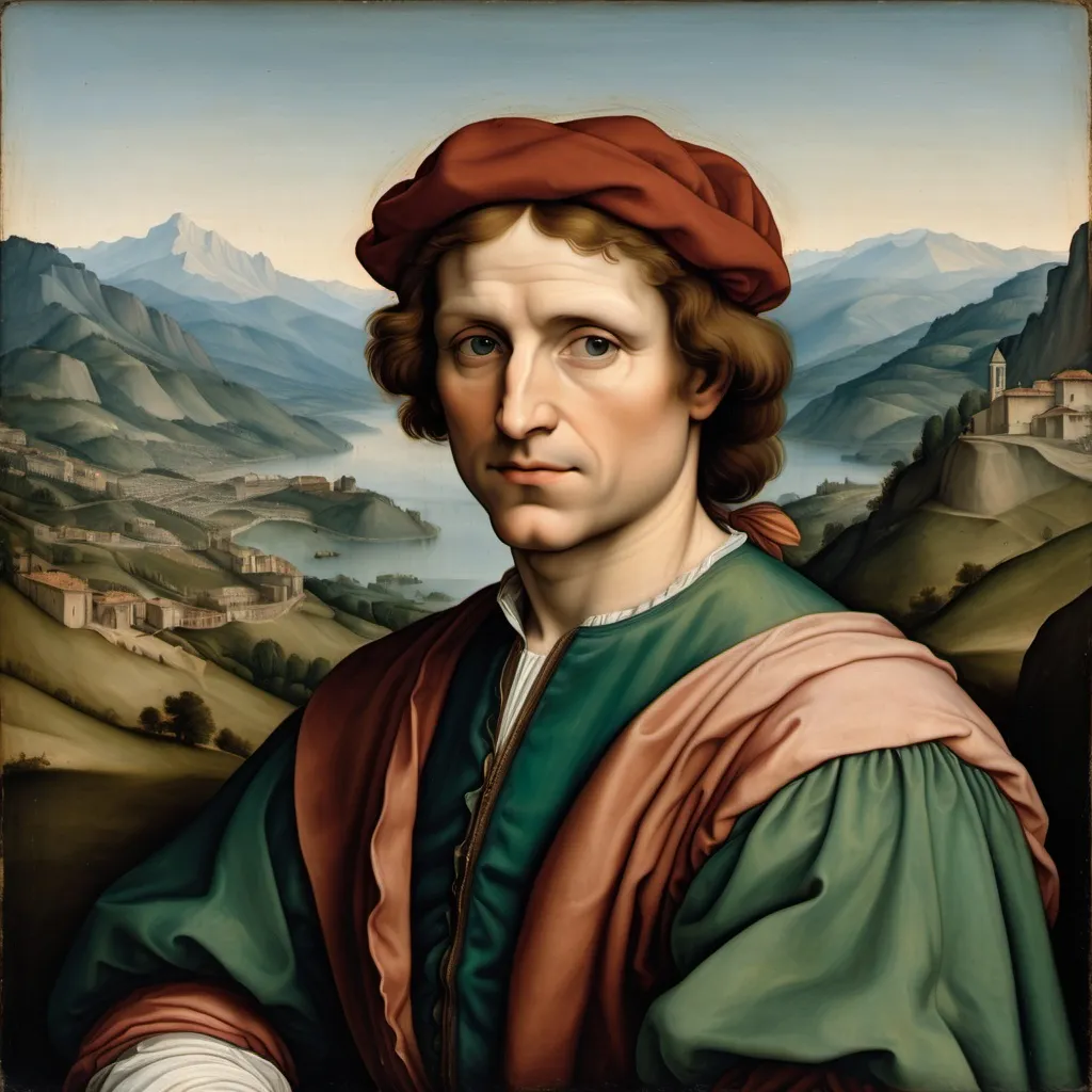 Prompt: A painted portrait of a man in the style of Italian Renaissance painter Raphael with mountains in the background