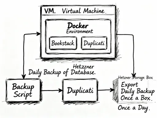Prompt: Create a block diagram as a hand sketch. The sketch should show: bookstack and duplicati are running in a VM in the docker environment. A backup script creates a daily backup of the bookstack database. duplicati exports the daily backup once a day to the Hetzner storage box. 