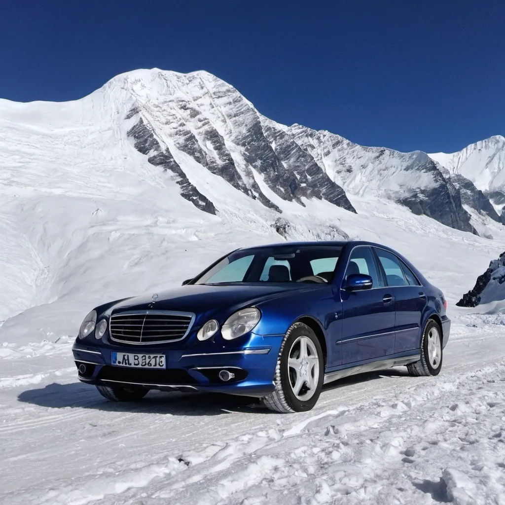 Prompt: A blue Mercedes W211 in a mounteverest