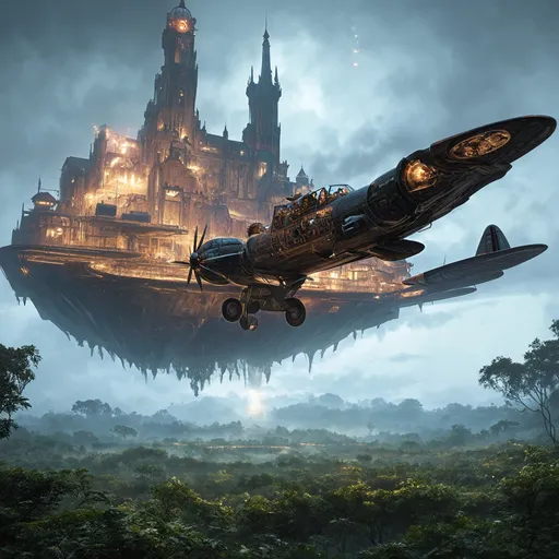 Prompt: A fantastical steampunk city on a glowing floating platform flying high above an untouched wilderness. The platform looks like an ancient magical construction. The wilderness looks lush. In the foreground, an ornate magical aircraft which flys ahead of the city, large enough that you can see into the comfortable cockpit.