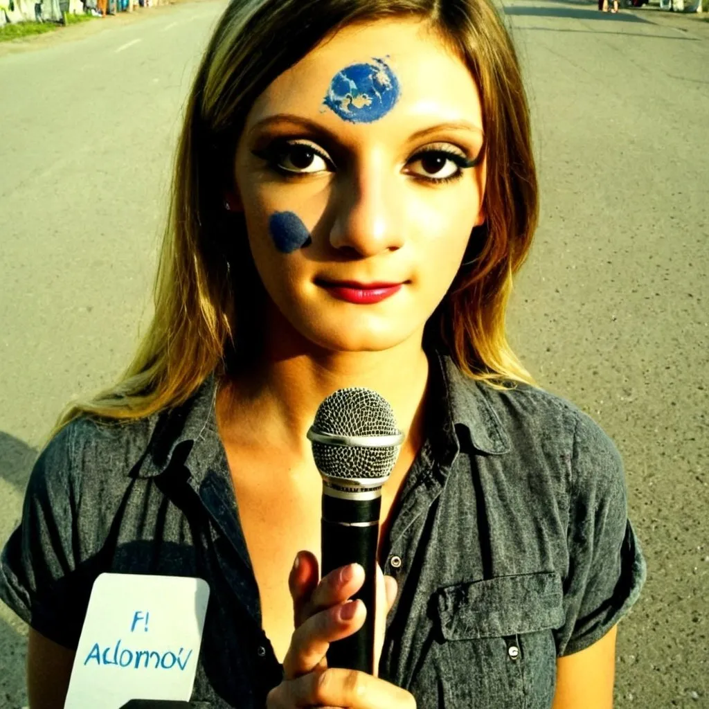 Prompt: Realistic an full body photography of Alessia Genoves, a blonde journalist, who is standing, wearing a microphone to make interviews in the street on the Historic Center of El Salvador.