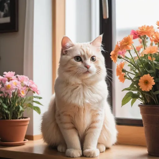 Prompt: Cute cat in home with a lot of flower
