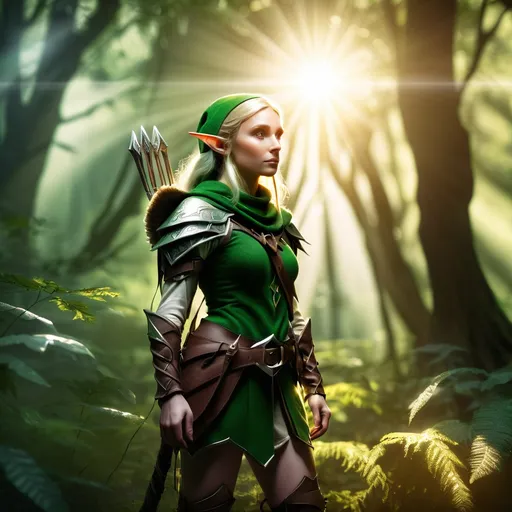 Prompt: Elf ranger in a mystical forest around sunlight